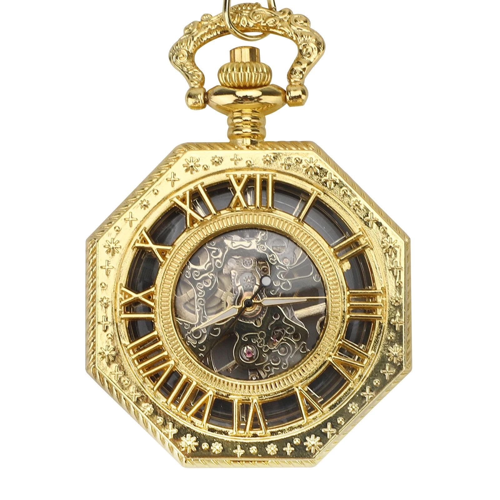 BYLD Mechanical Pocket Watch Vintage Skeleton Hand-Wind Pocket Watch with Chain, Octagon Engraved Case Roman Numerals Retro Steampunk Pendant Watch for Men Women Collectible Gift