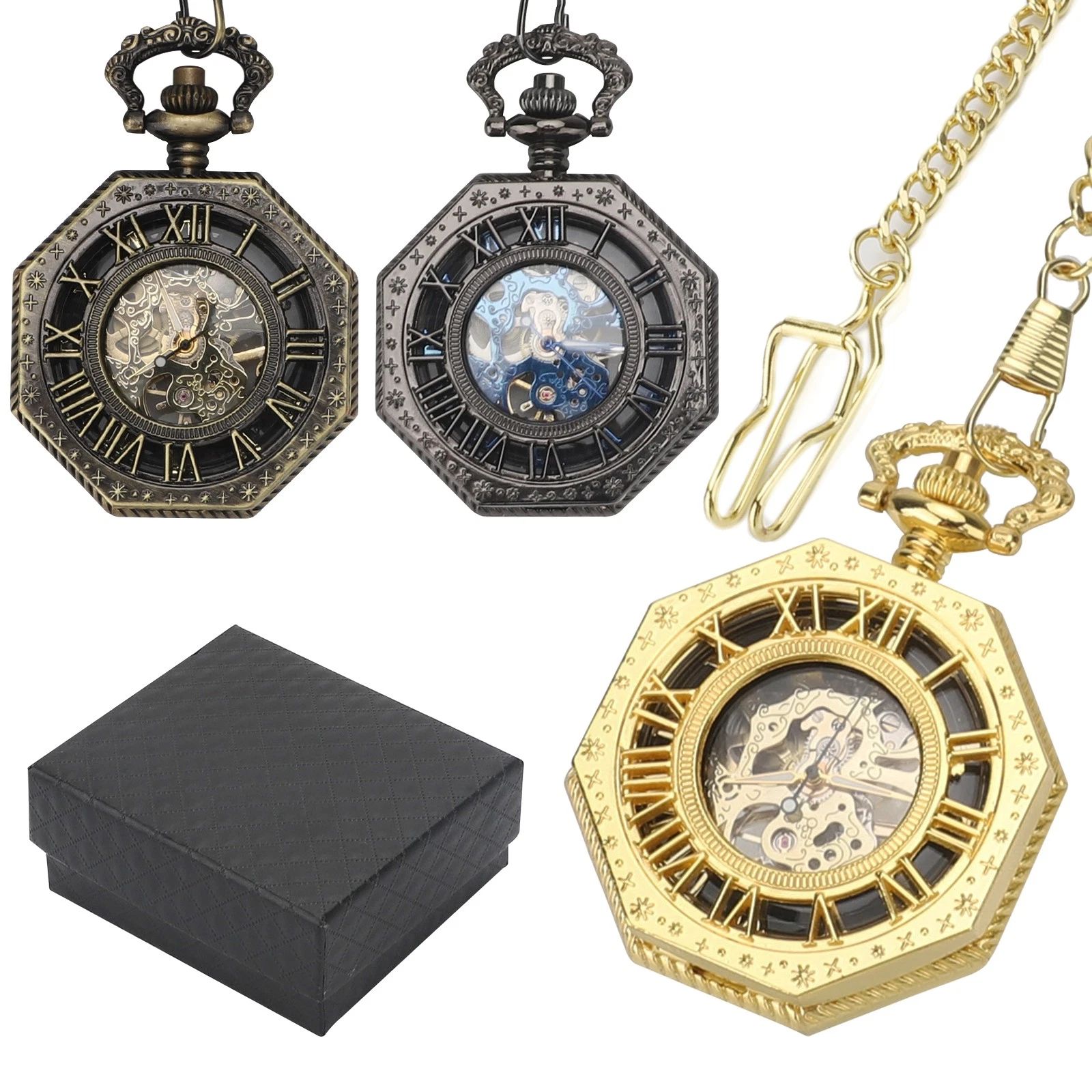 BYLD Mechanical Pocket Watch Vintage Skeleton Hand-Wind Pocket Watch with Chain, Octagon Engraved Case Roman Numerals Retro Steampunk Pendant Watch for Men Women Collectible Gift