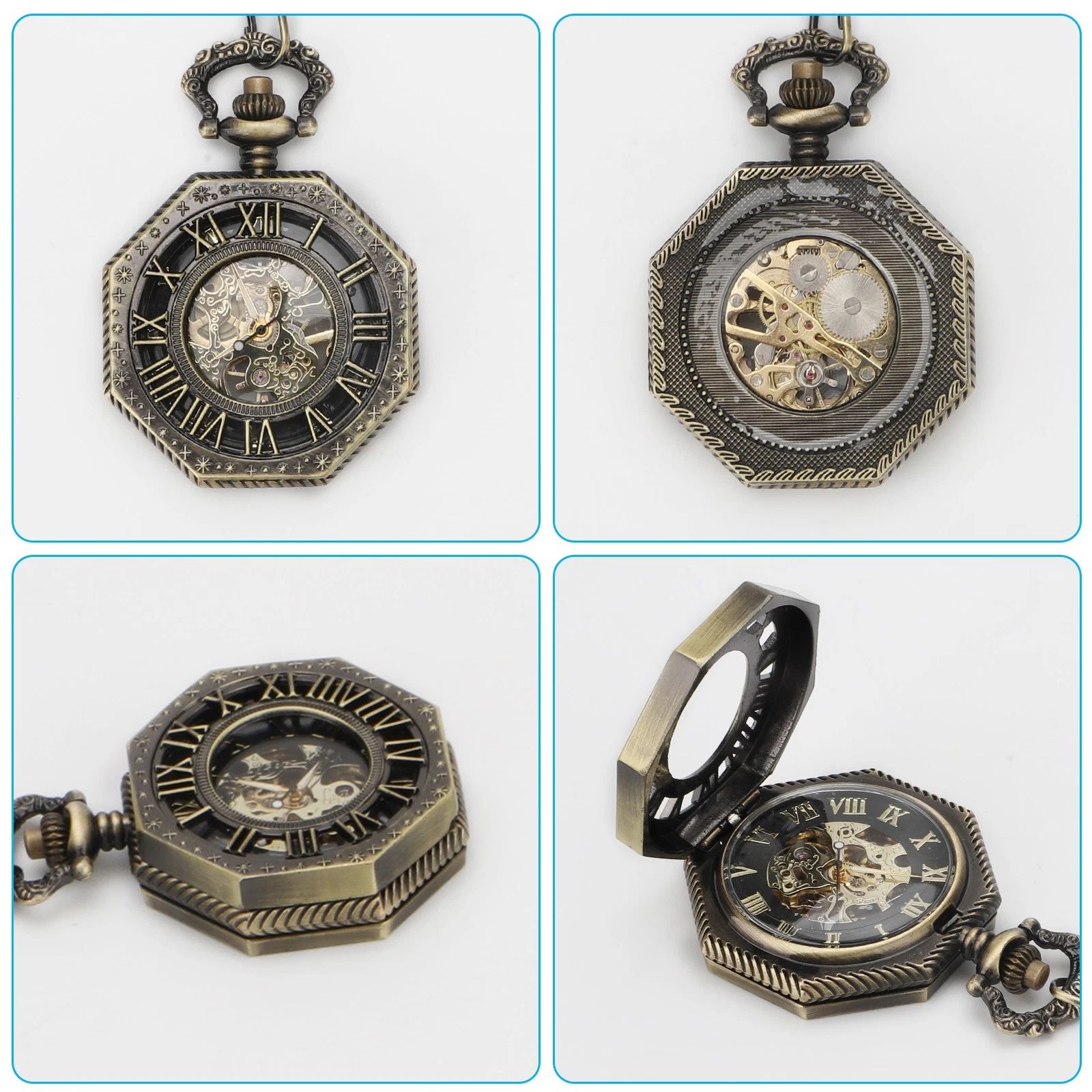 BYLD Mechanical Pocket Watch Vintage Skeleton Hand-Wind Pocket Watch with Chain, Octagon Engraved Case Roman Numerals Retro Steampunk Pendant Watch for Men Women Collectible Gift