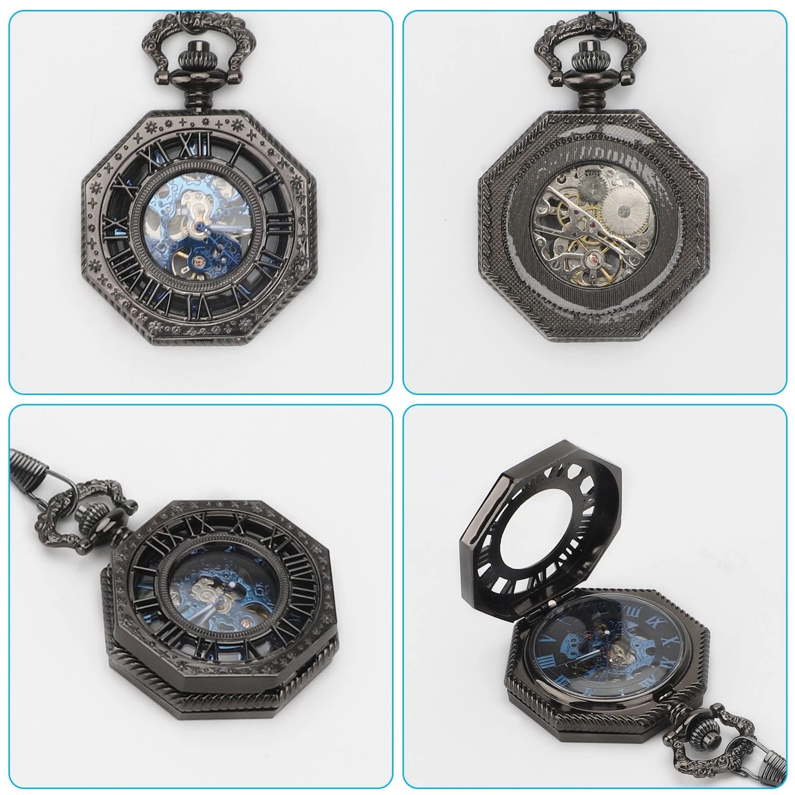BYLD Mechanical Pocket Watch Vintage Skeleton Hand-Wind Pocket Watch with Chain, Octagon Engraved Case Roman Numerals Retro Steampunk Pendant Watch for Men Women Collectible Gift