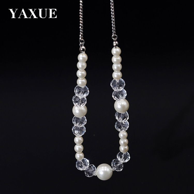 Retro English letter heart-shaped pendant long tassel necklace item simple transparent bead glass imitation pearl handmade versatile classic necklace