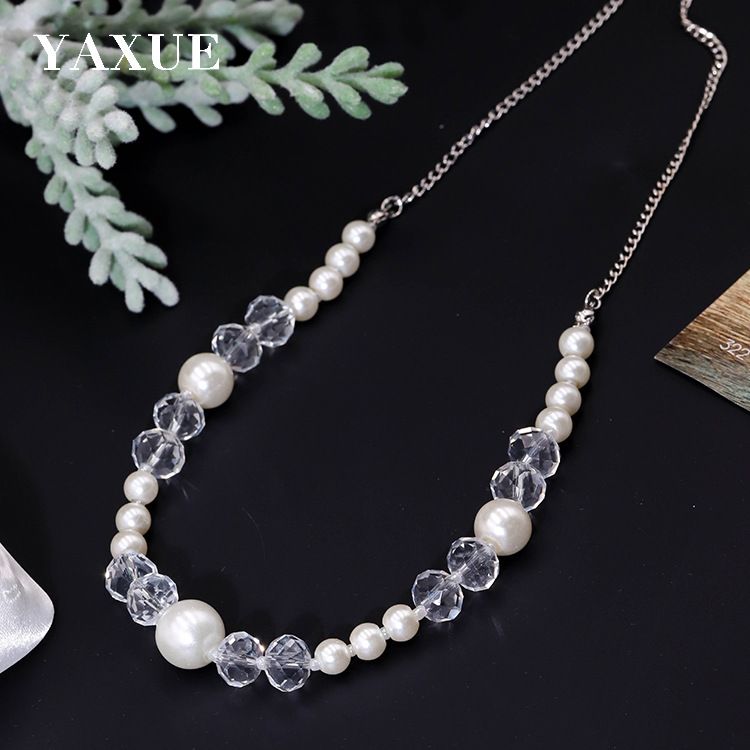 Retro English letter heart-shaped pendant long tassel necklace item simple transparent bead glass imitation pearl handmade versatile classic necklace