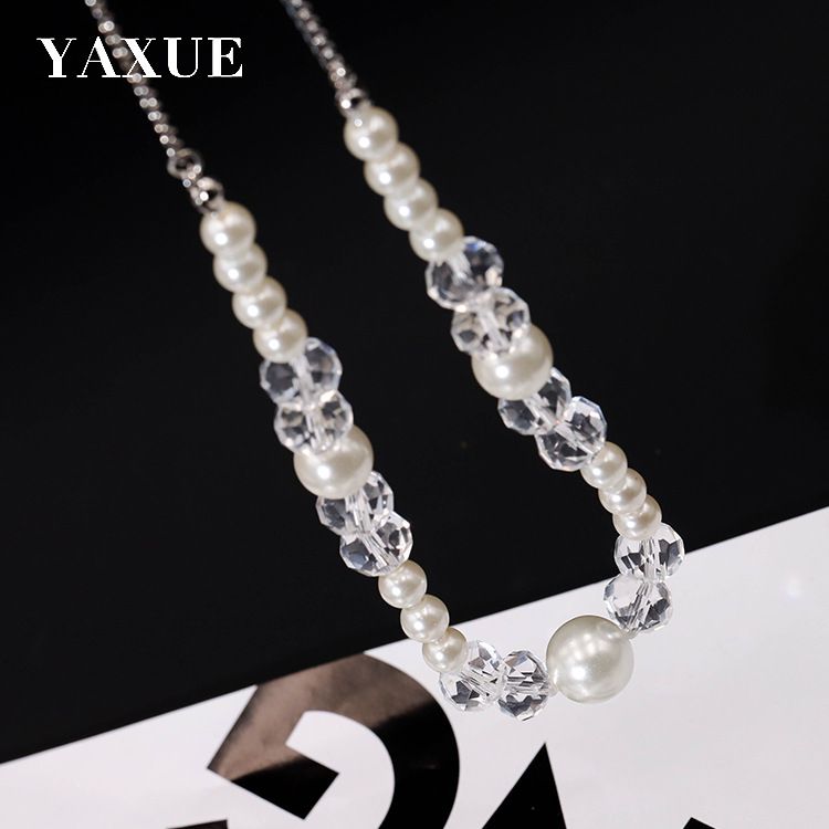Retro English letter heart-shaped pendant long tassel necklace item simple transparent bead glass imitation pearl handmade versatile classic necklace