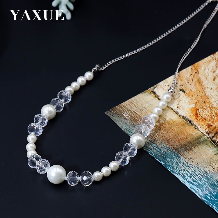 Retro English letter heart-shaped pendant long tassel necklace item simple transparent bead glass imitation pearl handmade versatile classic necklace