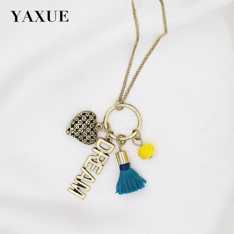 Retro English letter heart-shaped pendant long tassel necklace item simple transparent bead glass imitation pearl handmade versatile classic necklace