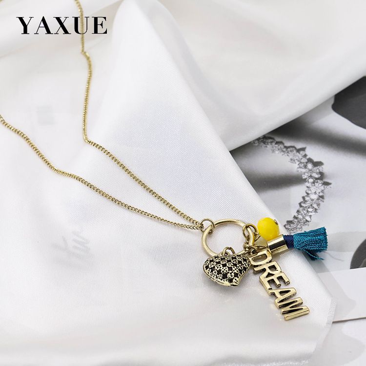 Retro English letter heart-shaped pendant long tassel necklace item simple transparent bead glass imitation pearl handmade versatile classic necklace