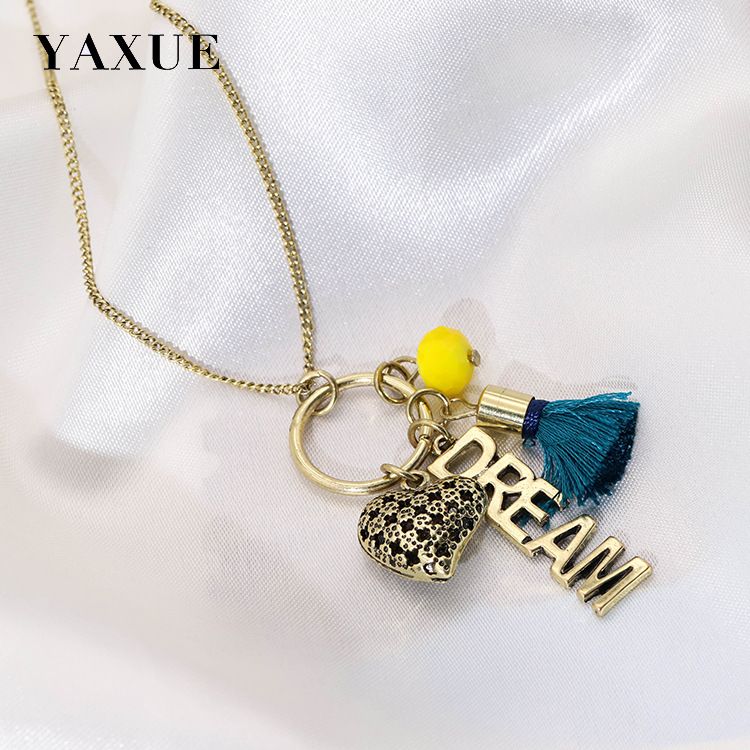 Retro English letter heart-shaped pendant long tassel necklace item simple transparent bead glass imitation pearl handmade versatile classic necklace