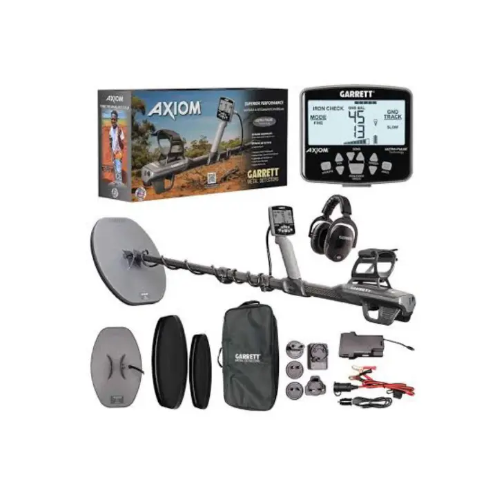 Garrett Axiom Gold Detector with Pulse Induction technology for the tiniest as well as big nuggets in the most difficult soils. When you choose Axiom Lite, you forgo the 13" coil and headphones.