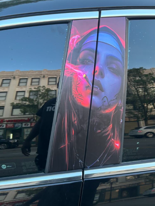 Nun Design Car Door B-Pillar Tattoo Decals | Red & Black Gothic Style Door Post Stickers | Waterproof PVC Car Wrap | High Gloss Religious Art Vehicle Decoration | Horror Theme Interior Styling |