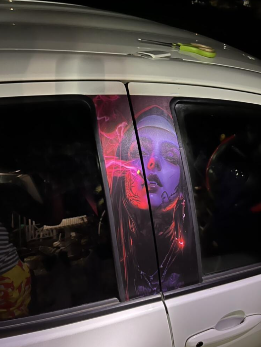 Nun Design Car Door B-Pillar Tattoo Decals | Red & Black Gothic Style Door Post Stickers | Waterproof PVC Car Wrap | High Gloss Religious Art Vehicle Decoration | Horror Theme Interior Styling |