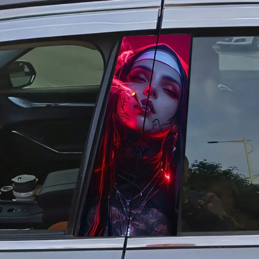 Nun Design Car Door B-Pillar Tattoo Decals | Red & Black Gothic Style Door Post Stickers | Waterproof PVC Car Wrap | High Gloss Religious Art Vehicle Decoration | Horror Theme Interior Styling |