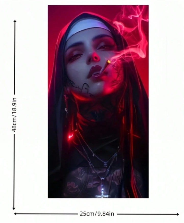Nun Design Car Door B-Pillar Tattoo Decals | Red & Black Gothic Style Door Post Stickers | Waterproof PVC Car Wrap | High Gloss Religious Art Vehicle Decoration | Horror Theme Interior Styling |