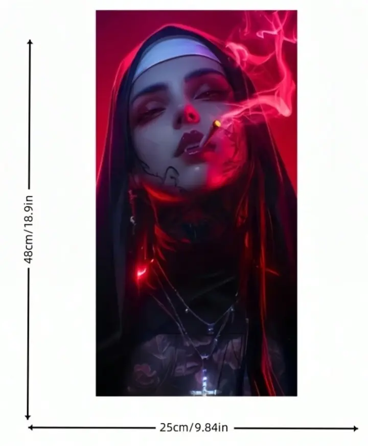 Nun Design Car Door B-Pillar Tattoo Decals | Red & Black Gothic Style Door Post Stickers | Waterproof PVC Car Wrap | High Gloss Religious Art Vehicle Decoration | Horror Theme Interior Styling |
