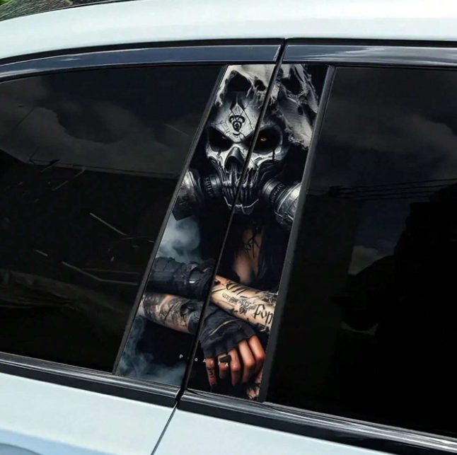 2PC Clown Skull Car B-Pillar Decals | Horror Joker Skull Door Post Stickers | Large Vinyl Halloween Theme Car Wrap | Waterproof Gothic Vehicle Decoration | Easy Apply & Remove | Universal Fit