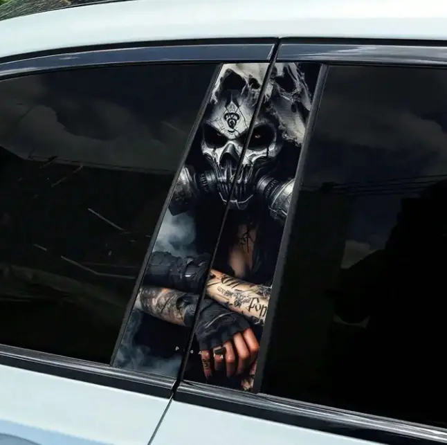 2PC Clown Skull Car B-Pillar Decals | Horror Joker Skull Door Post Stickers | Large Vinyl Halloween Theme Car Wrap | Waterproof Gothic Vehicle Decoration | Easy Apply & Remove | Universal Fit