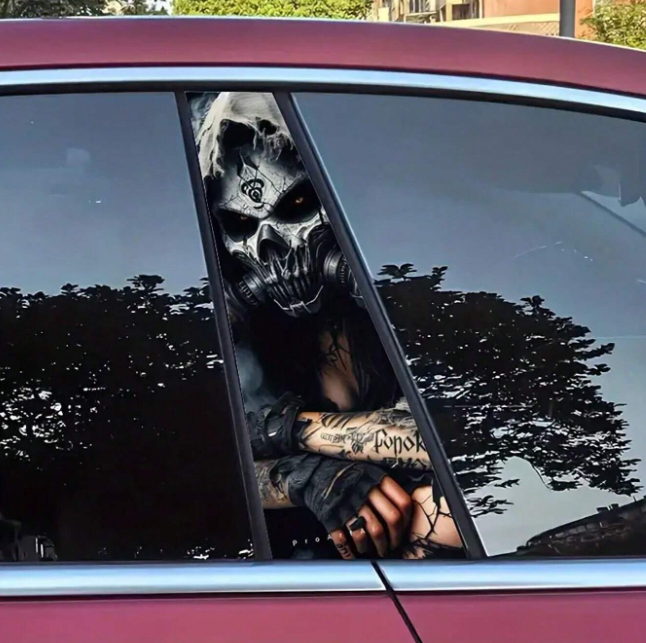 2PC Clown Skull Car B-Pillar Decals | Horror Joker Skull Door Post Stickers | Large Vinyl Halloween Theme Car Wrap | Waterproof Gothic Vehicle Decoration | Easy Apply & Remove | Universal Fit