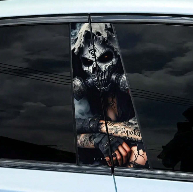 2PC Clown Skull Car B-Pillar Decals | Horror Joker Skull Door Post Stickers | Large Vinyl Halloween Theme Car Wrap | Waterproof Gothic Vehicle Decoration | Easy Apply & Remove | Universal Fit