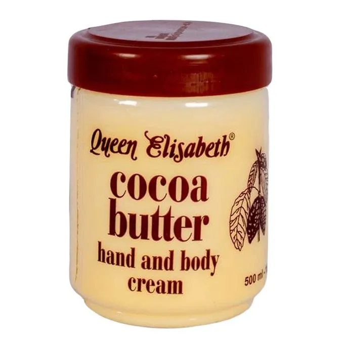 Queen Elizabeth Cocoa Butter Cream-Large Size. Hand and body cream. A blend of natural cocoa butter and pure lanolin in a non greasy moisturizing base. Helps protect the skin from the sun-500ml