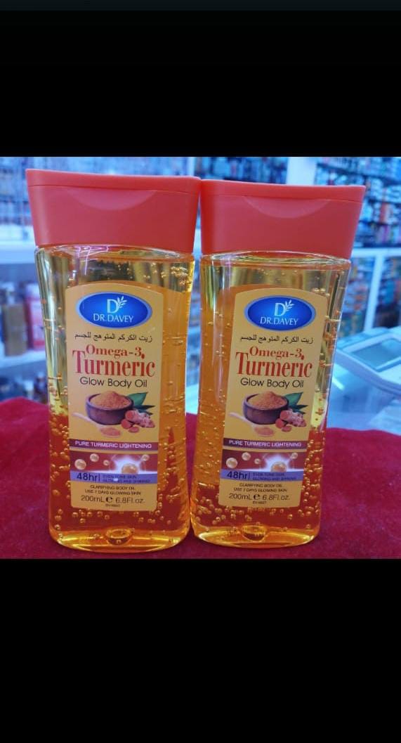 Dr Davey Turmeric & Omega 3 Glowing Body Oil. Moisturizes, Glows, Evens the skin tone, Shines the skin, Clarifies, Removes skin dullness, Lightens & Replenishes