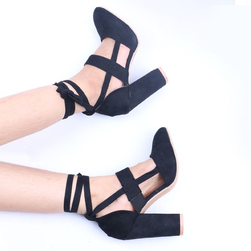 Africa's new women's shoes 34 to 43 yards foreign trade 2025 new European and American thick heel suede ankle bracelet strap thick heel high-heeled sandals women