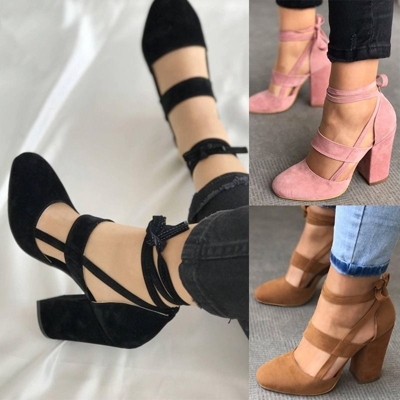 Africa's new women's shoes 34 to 43 yards foreign trade 2025 new European and American thick heel suede ankle bracelet strap thick heel high-heeled sandals women