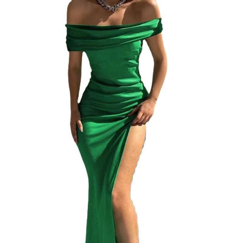 Africa new foreign trade new tight dress women's solid color sleeveless mid-length line-neck dress sexy dinner dress