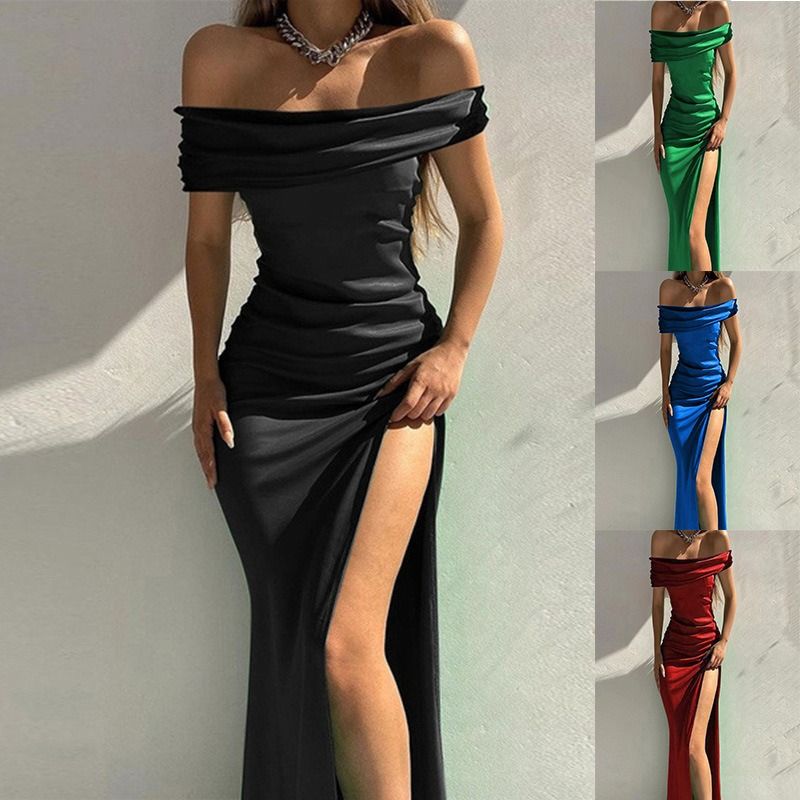 Africa new foreign trade new tight dress women's solid color sleeveless mid-length line-neck dress sexy dinner dress
