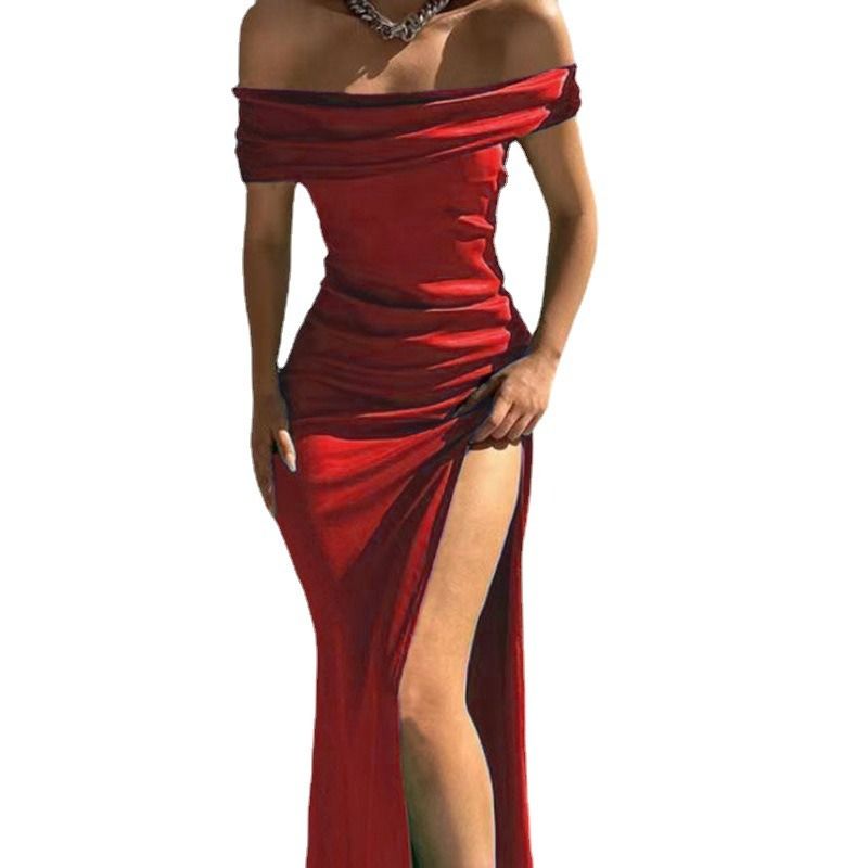 Africa new foreign trade new tight dress women's solid color sleeveless mid-length line-neck dress sexy dinner dress