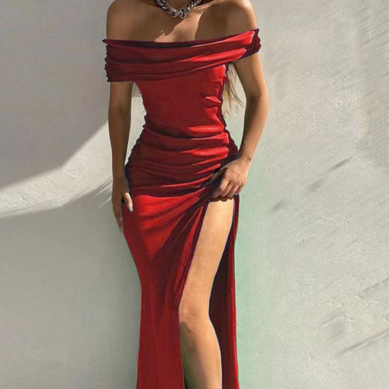 Africa new foreign trade new tight dress women's solid color sleeveless mid-length line-neck dress sexy dinner dress