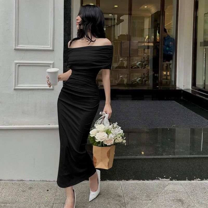2025 Spring Africa 0ne-line Shoulder Pleated Dress Slimming Comfortable Casual Slimming Split Base Skirt Dress Long Skirt