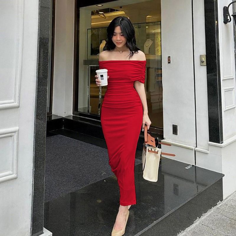 2025 Spring Africa 0ne-line Shoulder Pleated Dress Slimming Comfortable Casual Slimming Split Base Skirt Dress Long Skirt