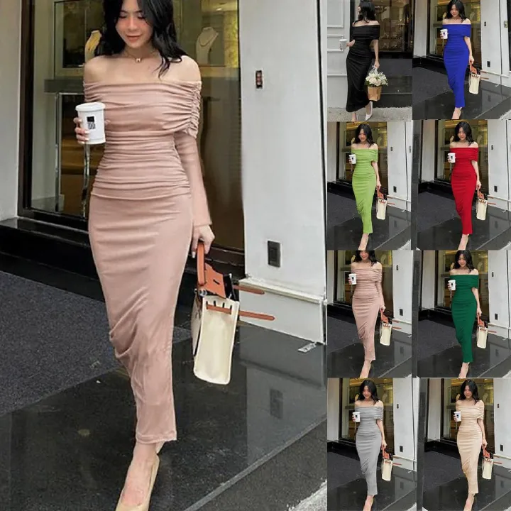2025 Spring Africa 0ne-line Shoulder Pleated Dress Slimming Comfortable Casual Slimming Split Base Skirt Dress Long Skirt