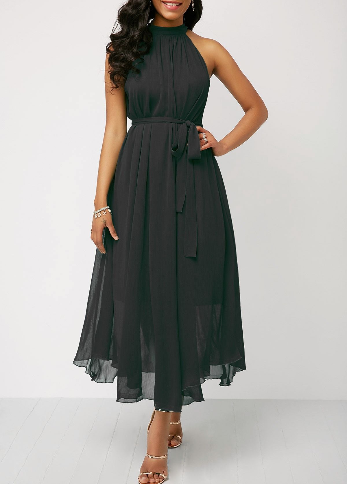 Africa new women plus size Amazon wish Express eBay off-shoulder solid color chiffon high waist strap pleated dress women