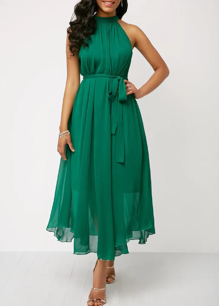 Africa new women plus size Amazon wish Express eBay off-shoulder solid color chiffon high waist strap pleated dress women
