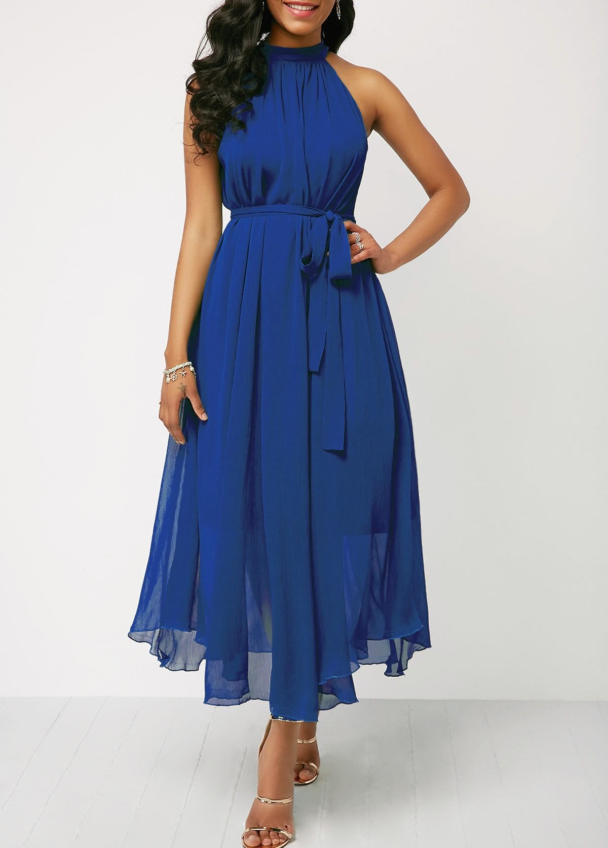 Africa new women plus size Amazon wish Express eBay off-shoulder solid color chiffon high waist strap pleated dress women