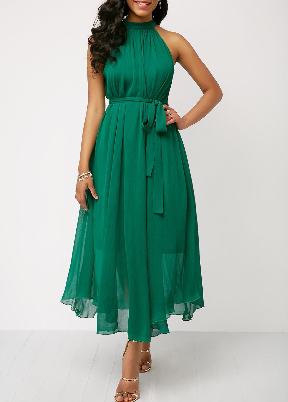 Africa new women plus size Amazon wish Express eBay off-shoulder solid color chiffon high waist strap pleated dress women