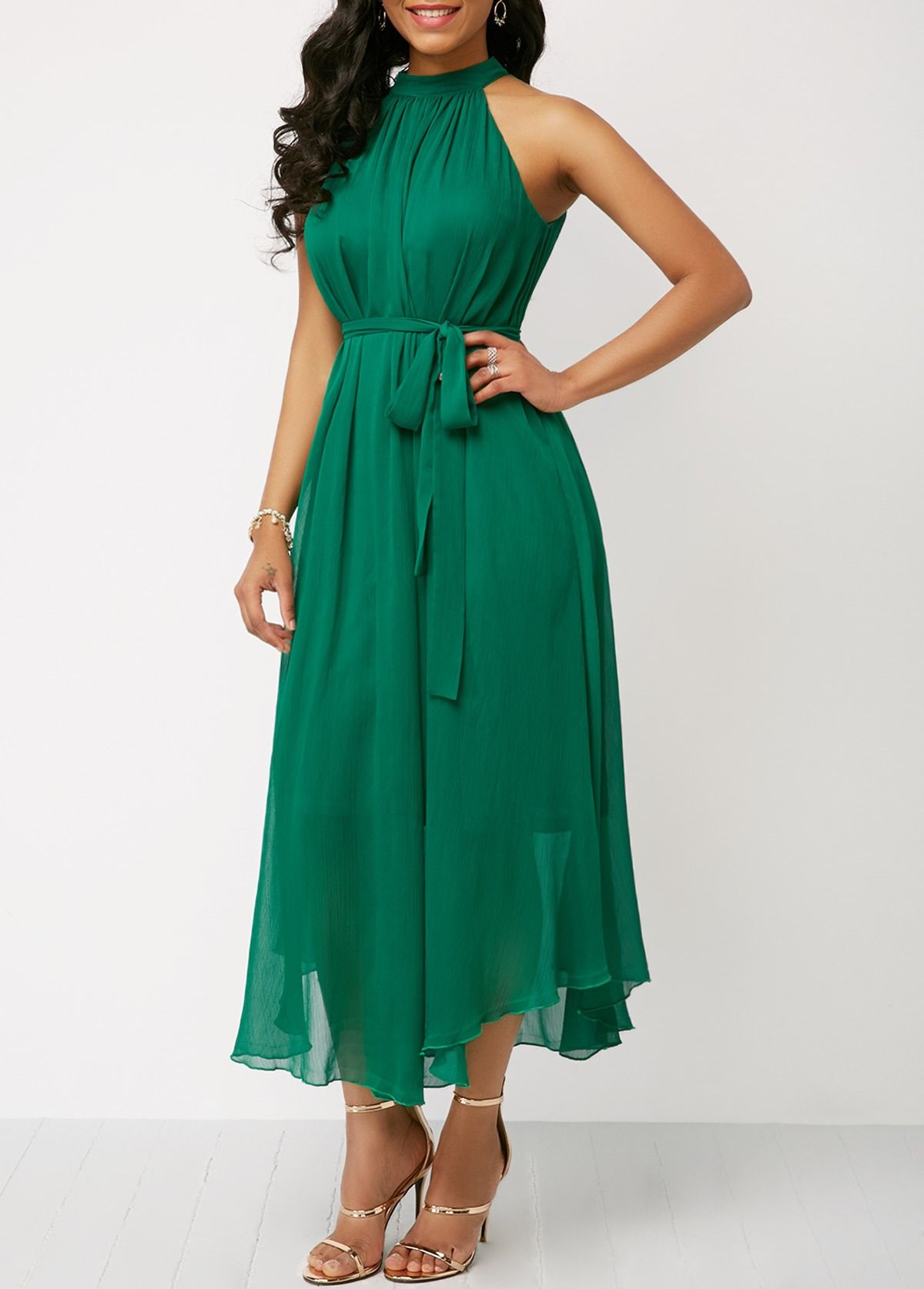 Africa new women plus size Amazon wish Express eBay off-shoulder solid color chiffon high waist strap pleated dress women