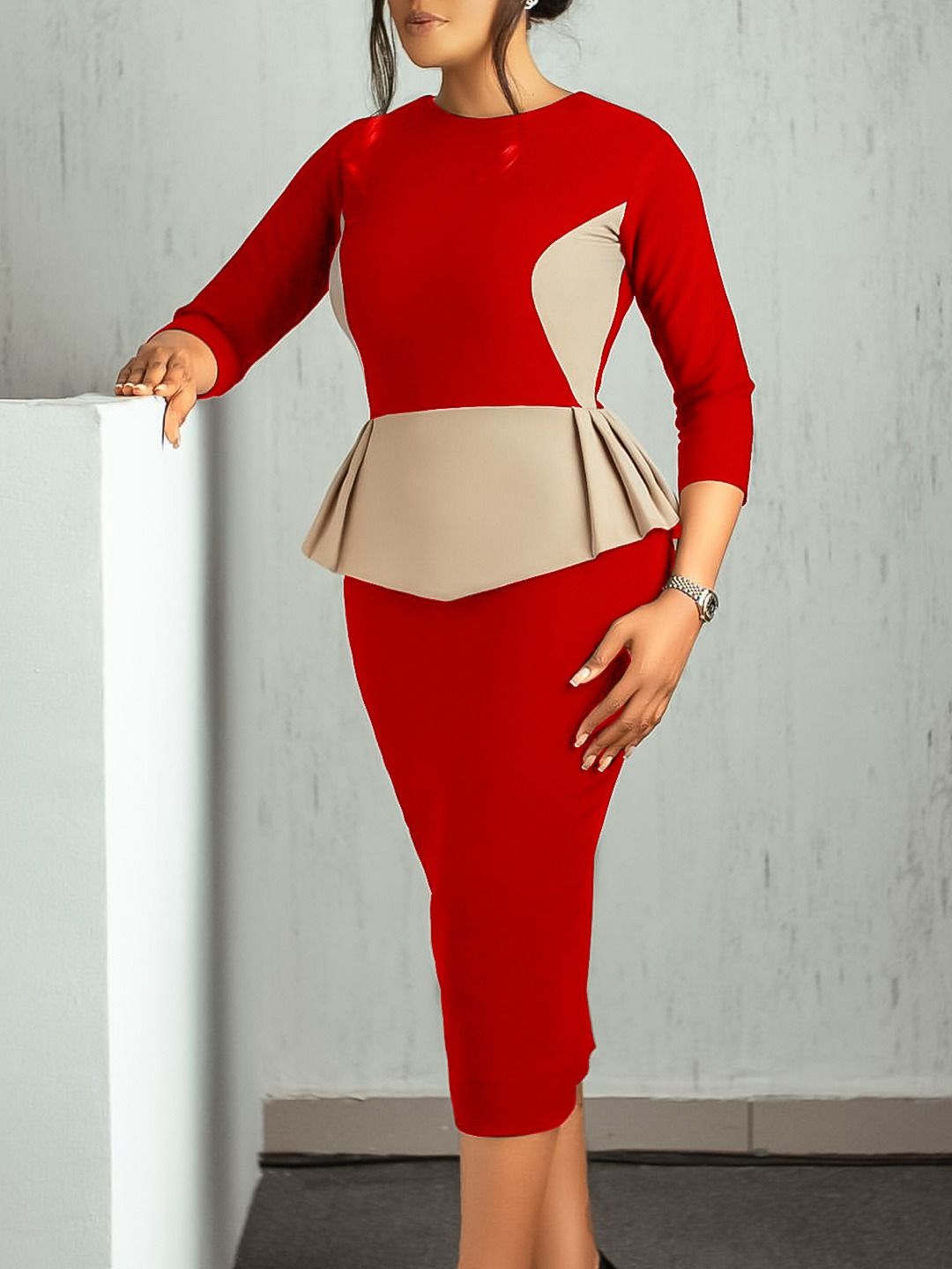 D531 Africa Europe America women's 2025 Autumn & Wnter New Fashion Temperament Elegant Color mMtch OL Bag Bttock  Round Neck Dress Popular Collocation Color Elements Elegant Style