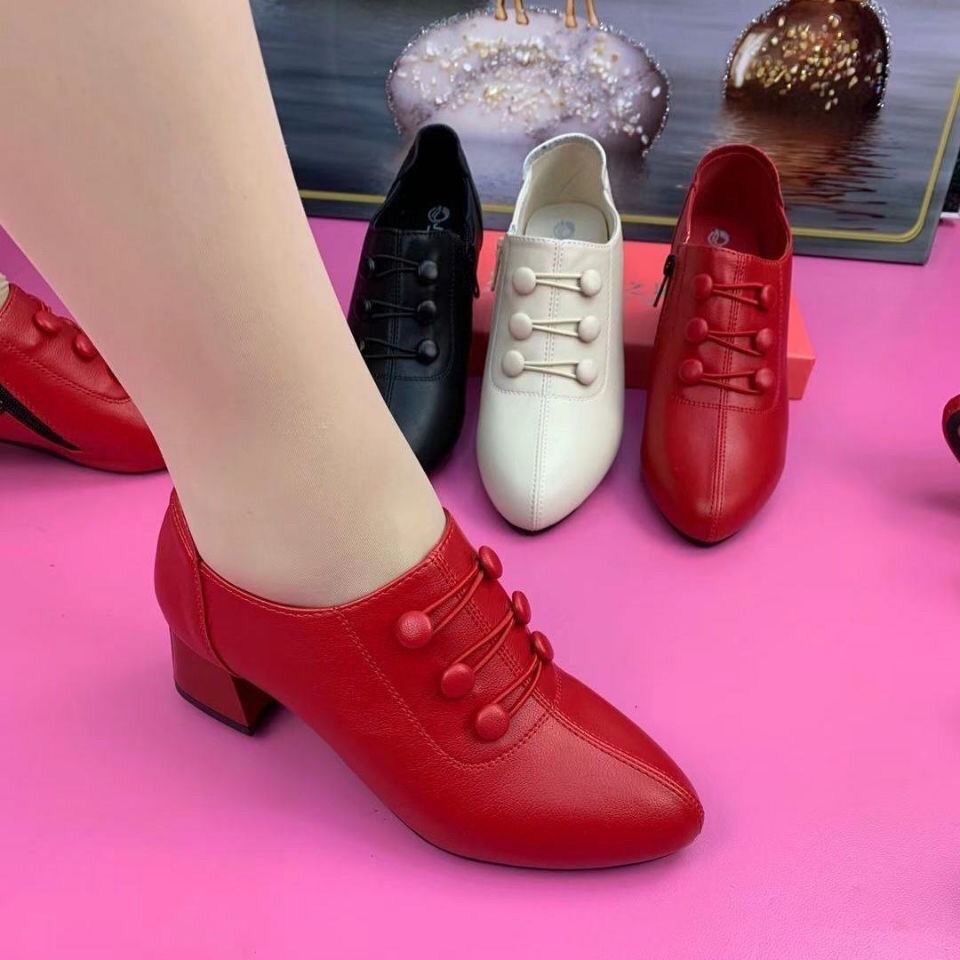 Africa's new spring and autumn women's shoes 2023 new Korean version of pointed middle thick heel low-top fashion button-side zipper women's shoes tide