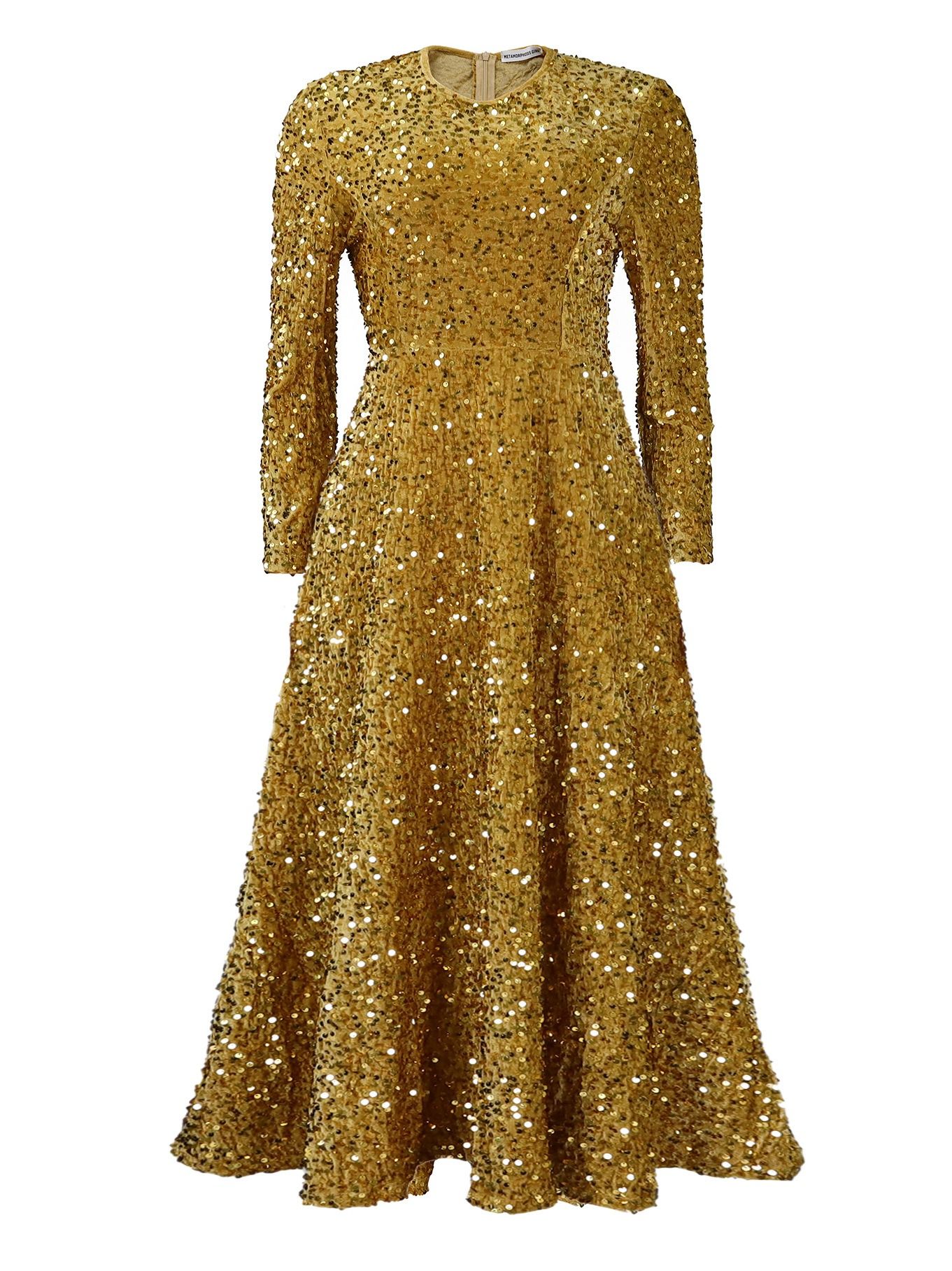 African America 2024 D469 New Fashion Women's Round Neck Long Sleeve Solid Color Sequins High Waist Temperament Mid-long Evening Dress Pop Sequins Temperament Elegant Style