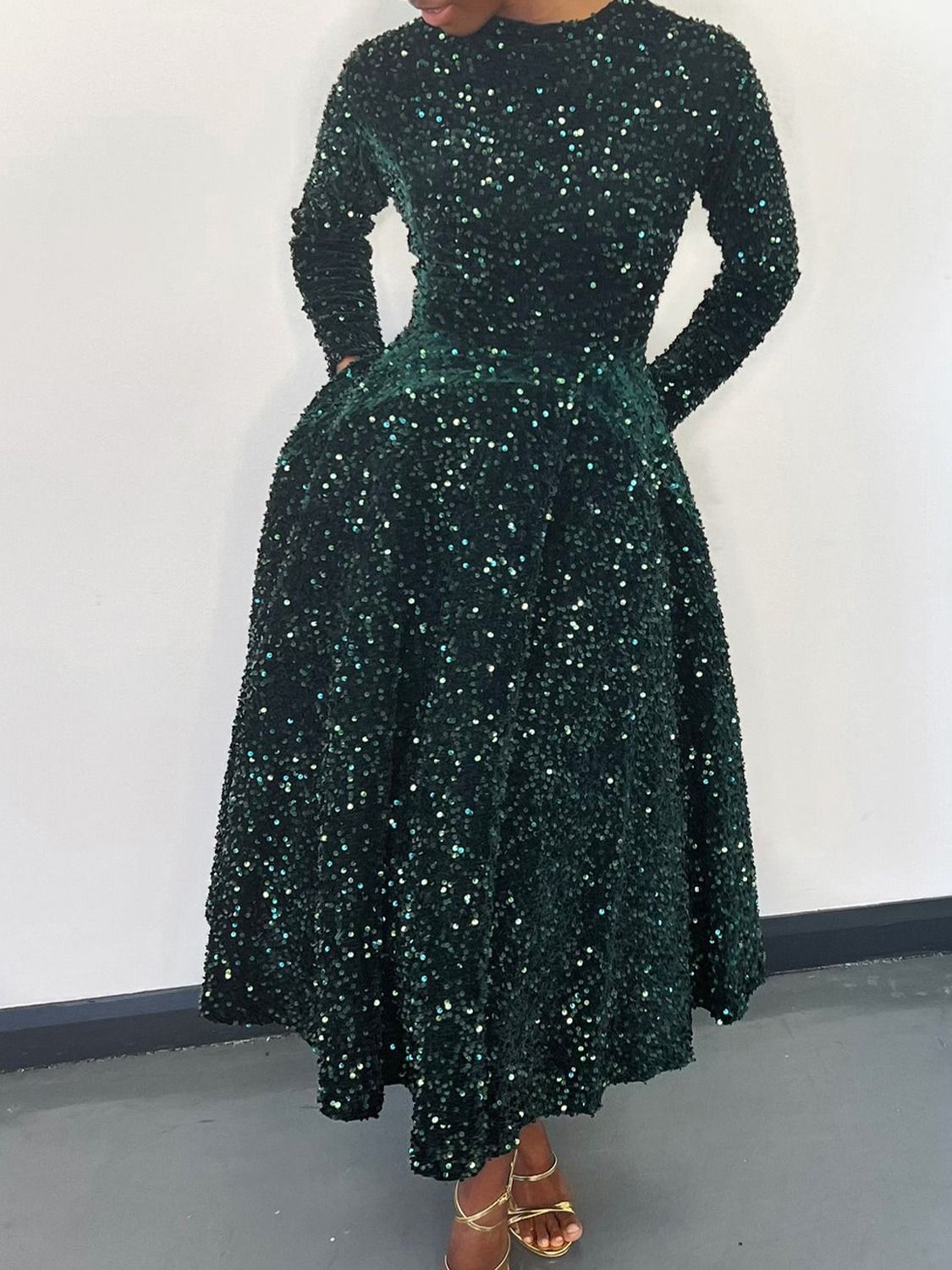 African America 2024 D469 New Fashion Women's Round Neck Long Sleeve Solid Color Sequins High Waist Temperament Mid-long Evening Dress Pop Sequins Temperament Elegant Style
