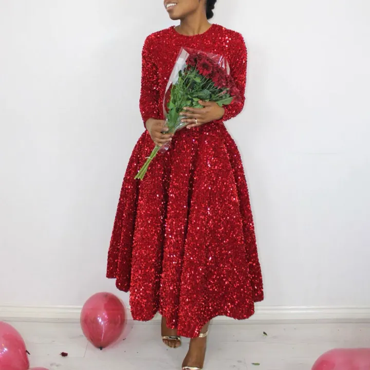 African America 2024 D469 New Fashion Women's Round Neck Long Sleeve Solid Color Sequins High Waist Temperament Mid-long Evening Dress Pop Sequins Temperament Elegant Style