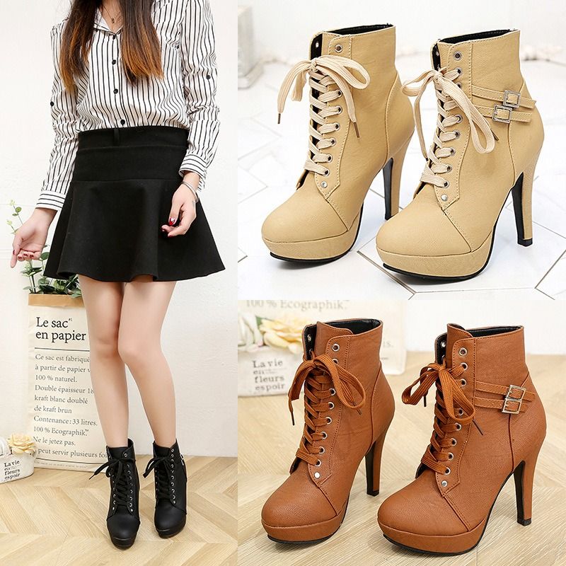 Africa's new foreign trade explosive European and American style cross strap Martin boots stiletto heels waterproof platform women's short boots fashion belt buckle women's boots