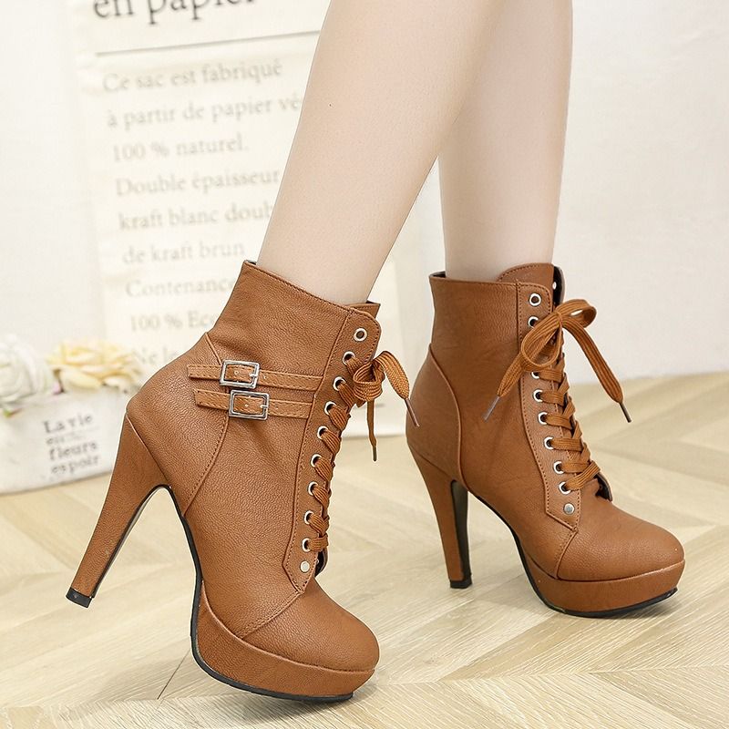 Africa's new foreign trade explosive European and American style cross strap Martin boots stiletto heels waterproof platform women's short boots fashion belt buckle women's boots