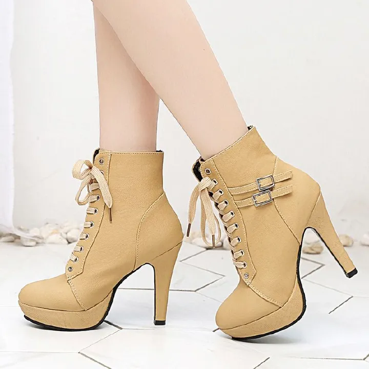 Africa's new foreign trade explosive European and American style cross strap Martin boots stiletto heels waterproof platform women's short boots fashion belt buckle women's boots