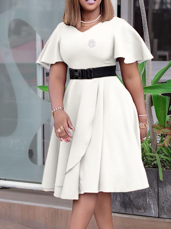 Africa Europe America D297P Belt Summer Autumn 2025 New Women's Trumpet Sleeve Solid Color Plus-size Dress Popular Lanyard/belt ElementsTemperament Commuting Style