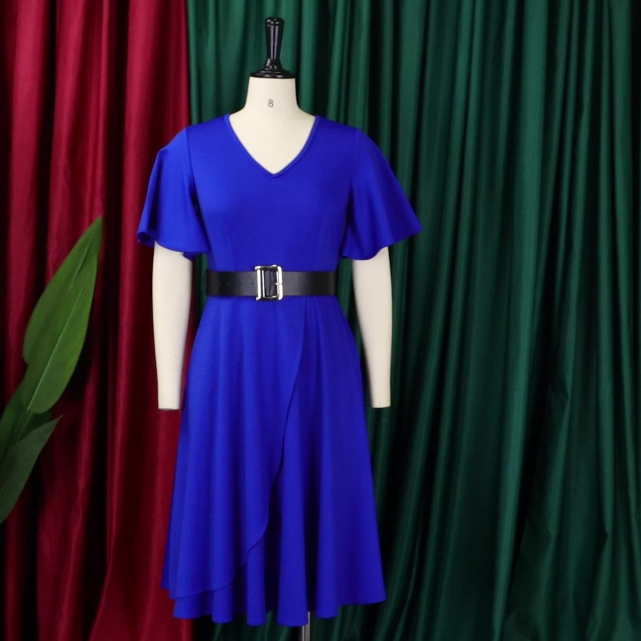 Africa Europe America D297P Belt Summer Autumn 2025 New Women's Trumpet Sleeve Solid Color Plus-size Dress Popular Lanyard/belt ElementsTemperament Commuting Style