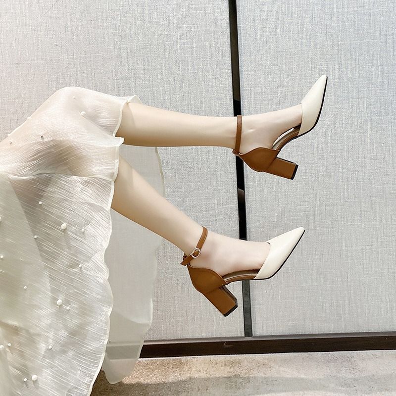 Baotou fashion sandals women 2024 new spring and autumn all-match chunky heel single shoes pointed high heels cross-border