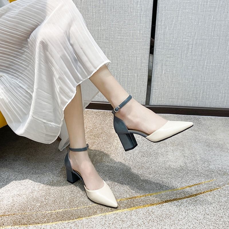 Baotou fashion sandals women 2024 new spring and autumn all-match chunky heel single shoes pointed high heels cross-border
