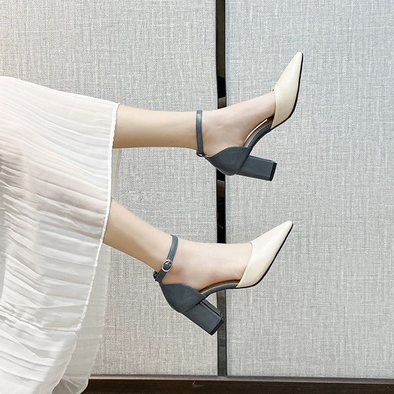 Baotou fashion sandals women 2024 new spring and autumn all-match chunky heel single shoes pointed high heels cross-border